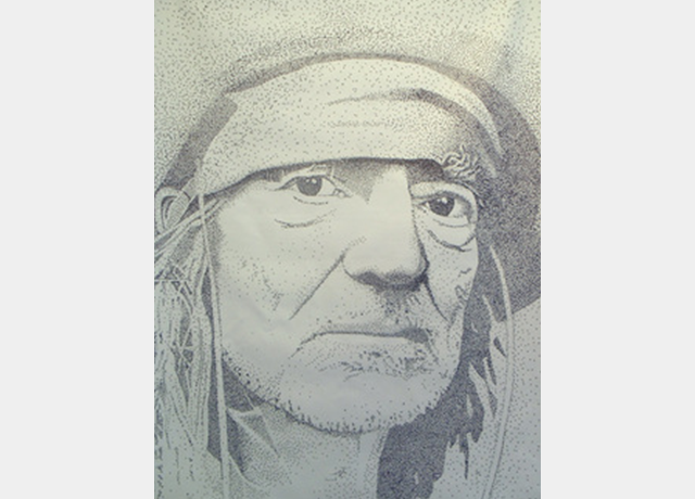 A drawing of an old man with long hair.