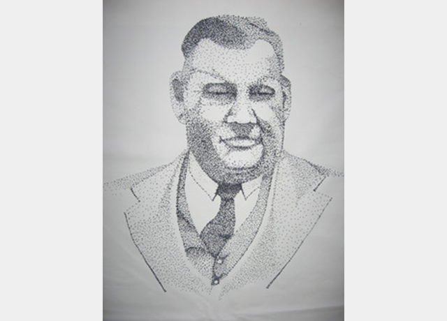 A drawing of an older man in a suit.