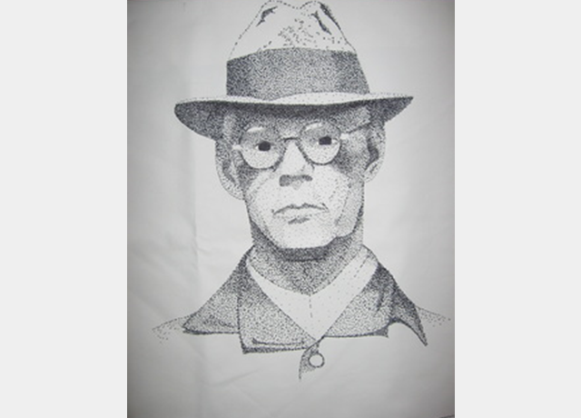 A drawing of a man wearing glasses and a hat.