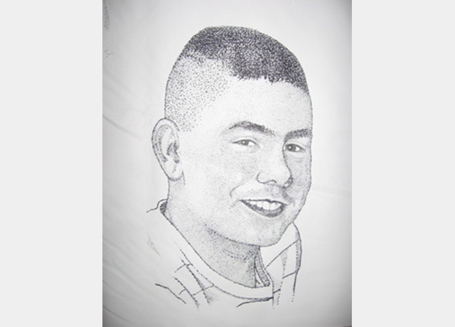 A drawing of a man with a shaved head.