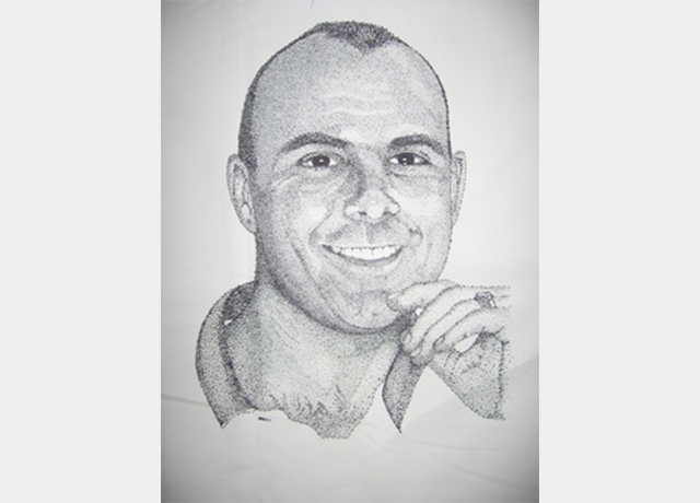 A drawing of a man with bald head and chin.