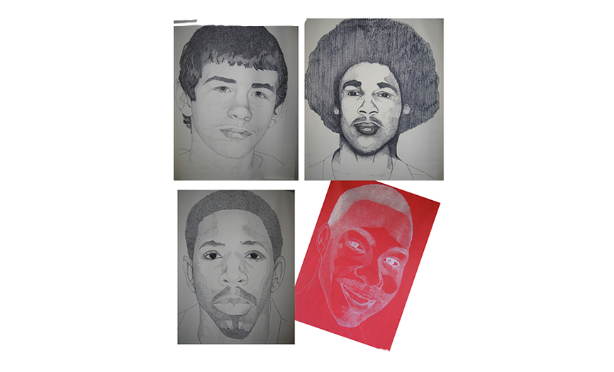 Sketches of four men, one in red color